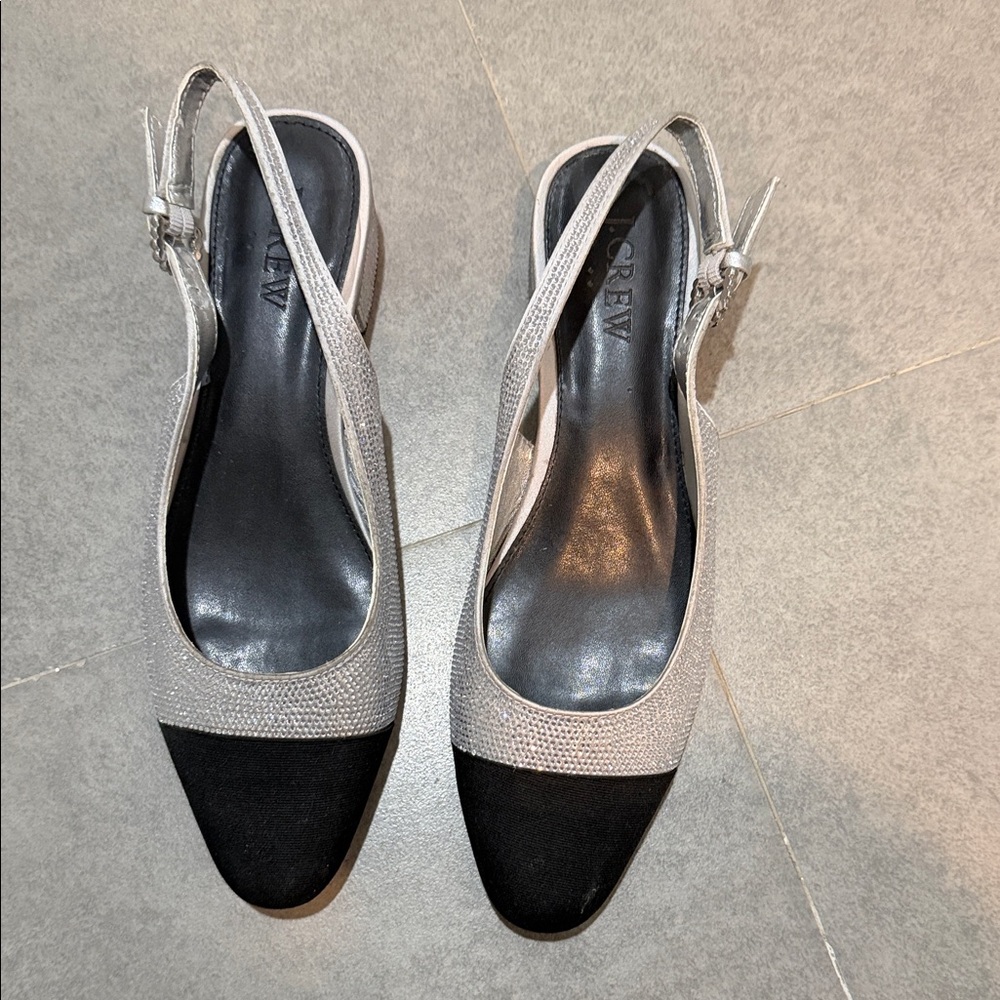 J. Crew Two-Tone Slingback Mules in Silver and Black